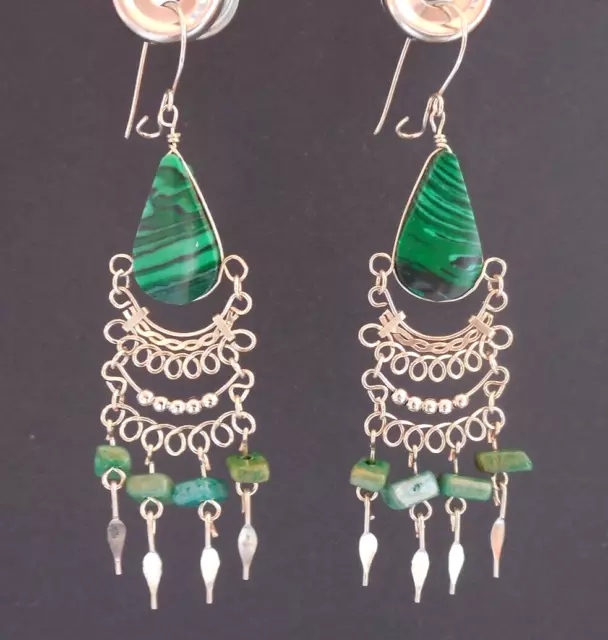 2 3/4" BEADED KNIT Malachite Boho Gypsy Peruvian Handmade Chandelier Earrings