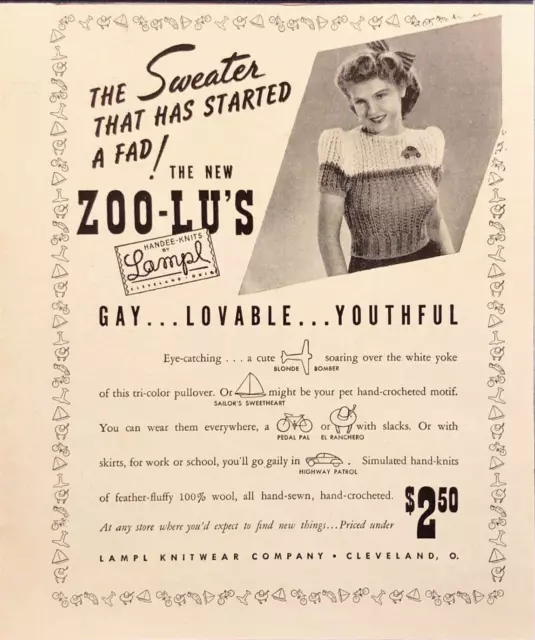 Lampl Knitwear Co. Zoo-Lu's Sweater Gay Lovable Cleveland Vintage Print Ad 1942