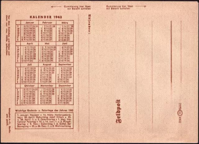 WW2 German Feldpost (Field Post) Original 1943 Letter-Calendar with 2 stamps-A62