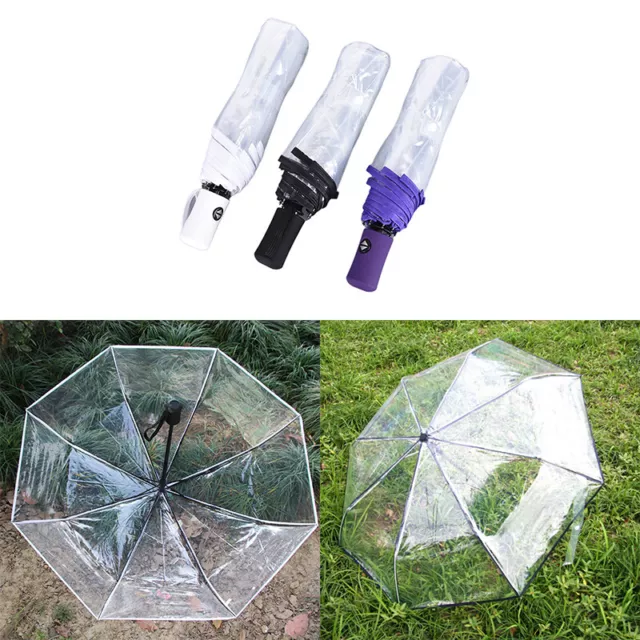 Automatic Open Close Fold Windproof Umbrella Compact Rain Transparent Cle;d'