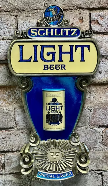 Vintage 1976 Schlitz Light Beer Plastic Beer Can Sign Blue & Chrome Globe Logo