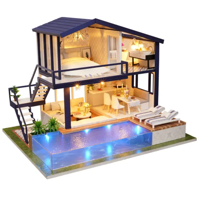 (01)DIY Miniature Wooden Villa With Swimming Pool Assembling Doll House Model