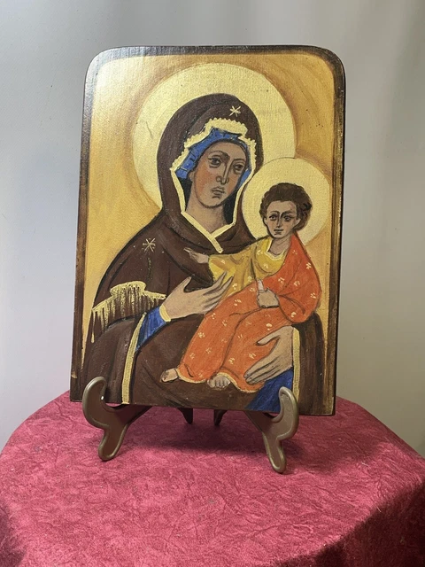Icône Byzantine Vierge à L'Enfant - Feuille D'or - Père Pefkis - Bois - XXe Siècle