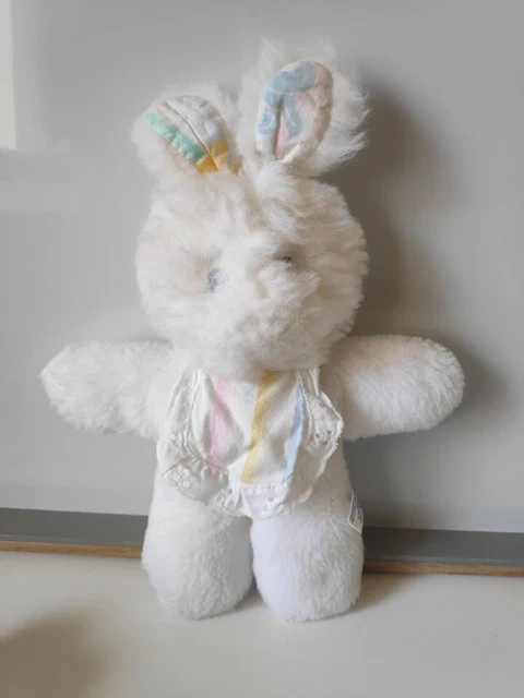 Doudou peluche C.D.J lapin blanc bavoir rayé vintage made in France + cadeau