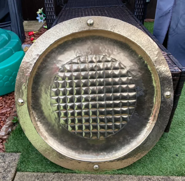 Antique Vintage Very Large Brass Hammered Charger Tray Shield Serving Plate