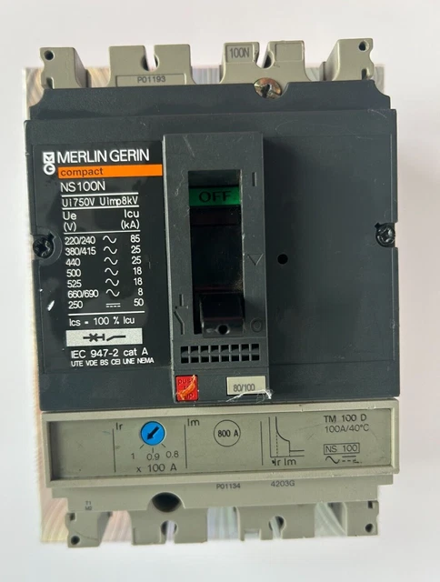 Merlin Amp MERLIN GERIN MCCB 100 Amp Triple Pole Compact 100A NS100N TM100D UI ...