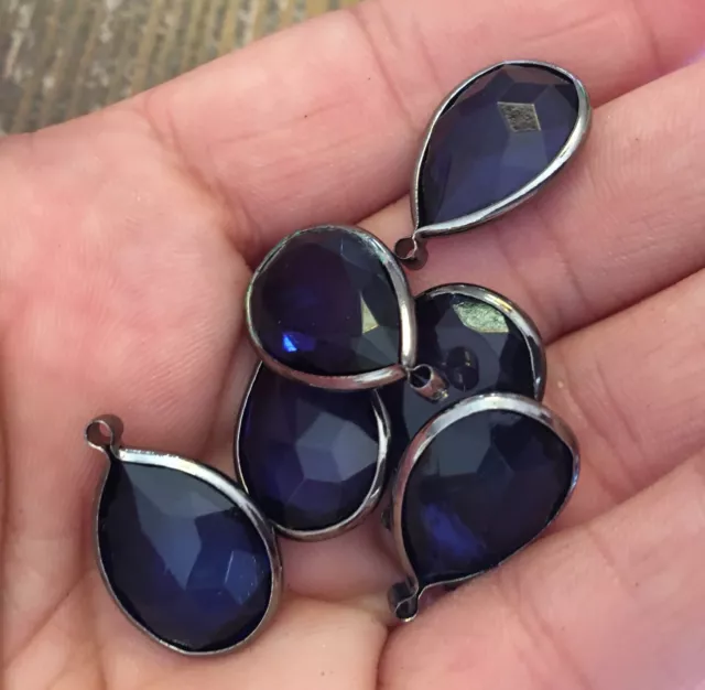Vintage NOS Blue Sapphire Color Lucite Faceted Pear Drop Gunmetal Drops Charms 3