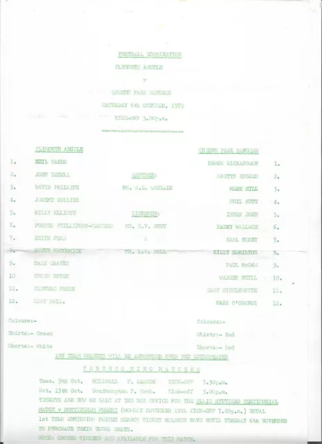 1979/80 Football Combination: PLYMOUTH ARGYLE v QUEENS PARK RANGERS single sheet