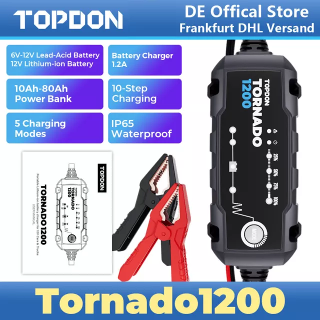 TOPDON T1200 Cargador de batería 6-12V inteligente para automóvil Batería muerta