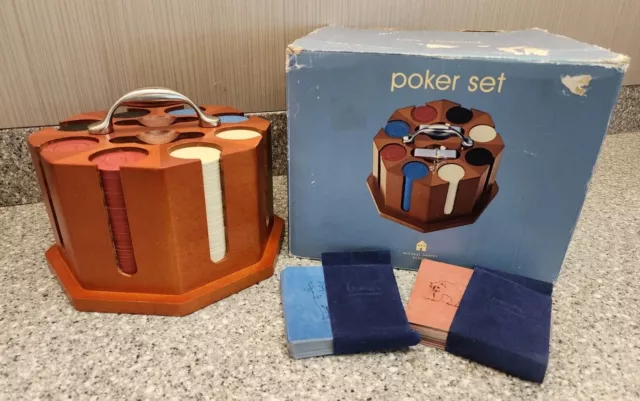 Michael Graves Design Poker Set Cherry Finish Holder 240 Chips 2 Decks Of Cards