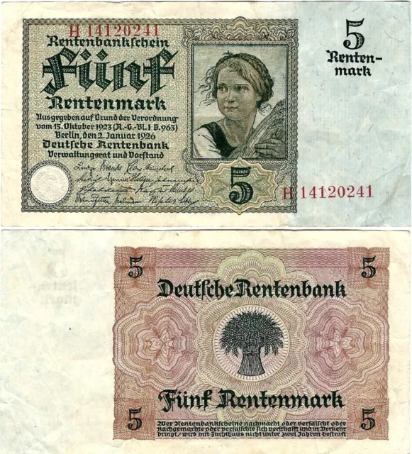 Rentenbankschein 5 Rentenmark 1926 Berlin DEU-209b Ro.164b P-169(2)