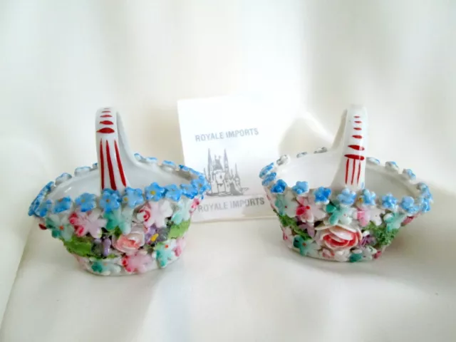 Elfinware 2 German Miniature Baskets Moss With Pink Blue Flowers Porcelain