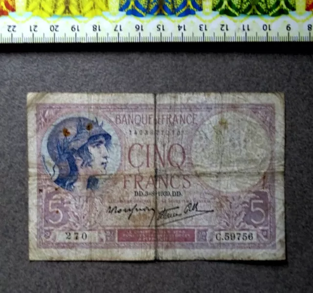 (FR), Billet de Banque ,  5 Francs , Année : 1939.