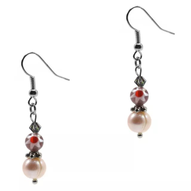 Fresh Water Pearls Dangle Drop Silver Earrings With Italian Millefiori Stone