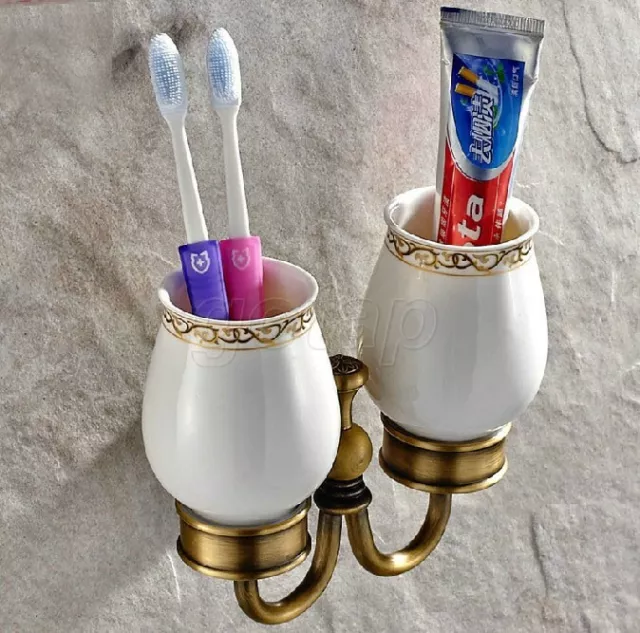 Antique Brass Art Carved Bathroom Bath Double Ceramic Cup Toothbrush Holder