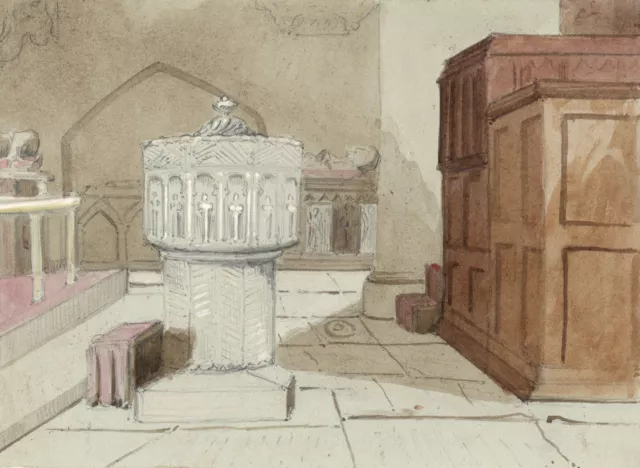 Stone Carved Font in Church Interior – Mid-19th-century watercolour painting