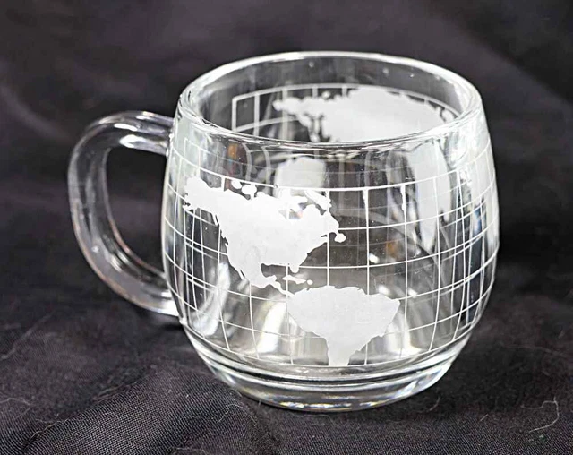 VINTAGE NESTLE NESCAFE Etched Clear Glass World Globe Coffee Mug Cup