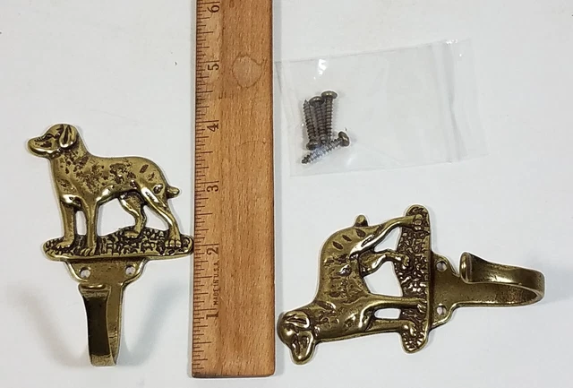 Pair Solid Brass Lab Retriever Dog Coat Hooks Hat Hanger Metal Wall Hooks 3