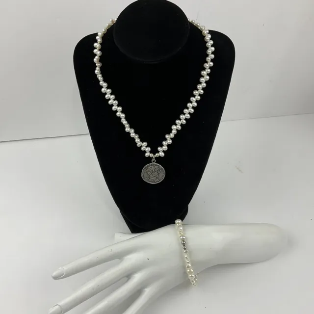 Genuine Baroque Pearl Sterling Silver Beads Coin Pendant Necklace Bracelet Set