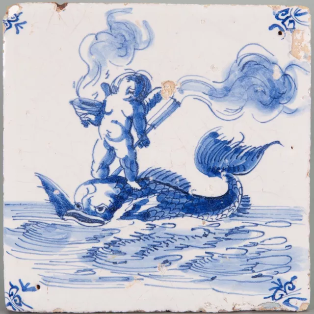 Nice Dutch Delft Blue tile, sea creature: merman with torch, 17th century.