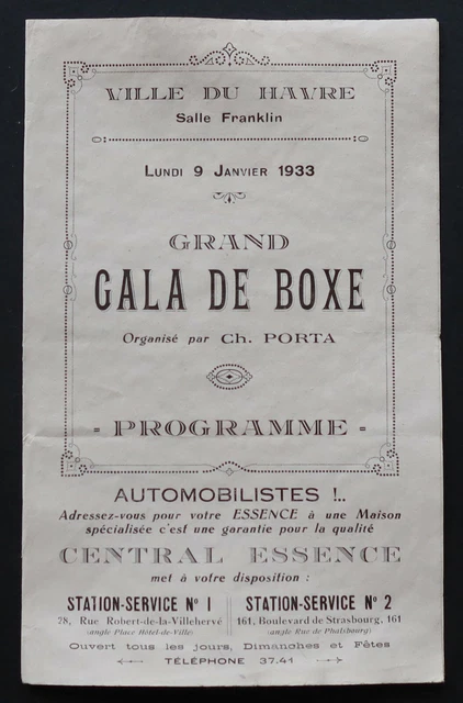 PROGRAMME 1933 GALA DE BOXE Le Havre LE PERSON Salle Franklin Porta ...
