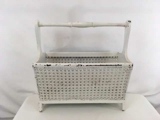 White Wood Cane Rattan Midcentury Retro Boho Shabby Chic Vintage Magazine Rack