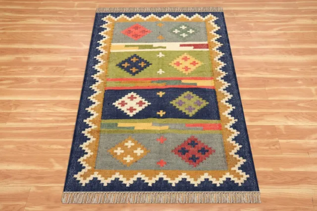 Wool Jute Blue Kilim Handwoven Bedroom Floor Mat Area Rug For Living Room 4x6 Ft