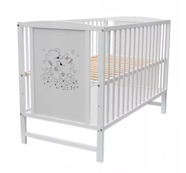 Babybett Gitterbett Kinderbett 120x60cm Weiß Bär Herzchen Matratze Komplett Set