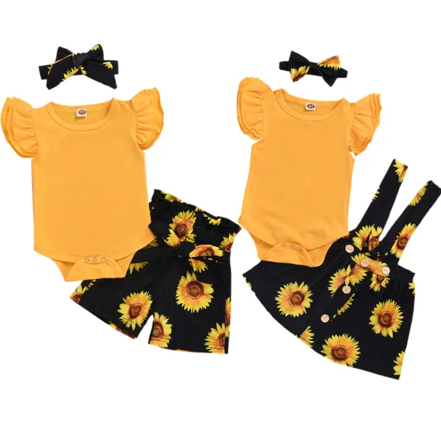 Infant Kids Baby Girl Clothes Ruffle Romper Tops Shorts Headband Outfits Set