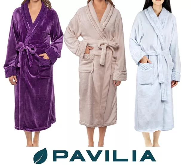Womens Fleece Robe with Waffle Trim Plush Warm Long Spa Night Bathrobe Sleepwear