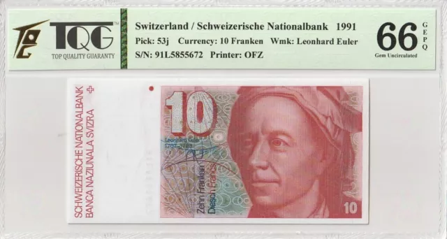 1991   Switzerland 10 Franken  Pick# 53j  66 EPQ  Gem UNC