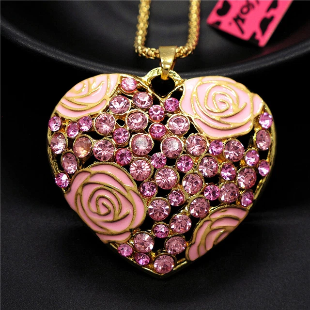 Betsey Johnson Pink Shiny Rose heart Crystal Pendant Sweater Chain Necklace