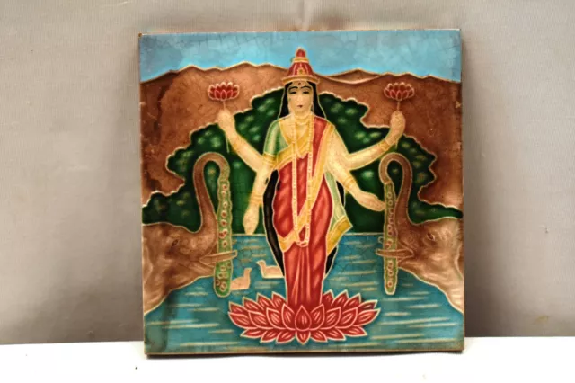 Antique Raja Ravi Varma Tile Art Nouveau Majolica Porcelain Lakshmi Japan "J11