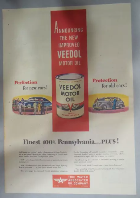 Veedol Motor Oil Ad: Finest 100 % Pennsylvania ! from 1940's Size11 x 15 inches