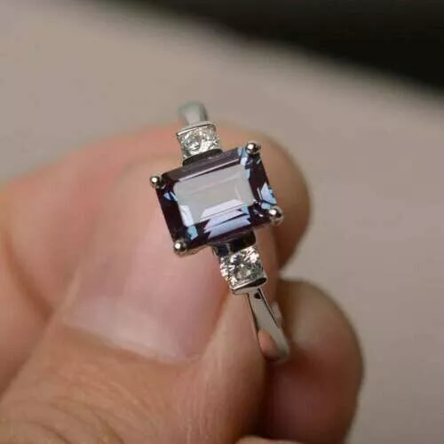 Alexandrite Promise June Birthstone Emerald Gemstone Ring 14K White Gold Plated