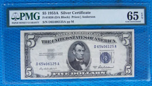 1953-A $5 Silver Certificate Fr# 1656 (Da Block) Pmg 65 Gem Unc