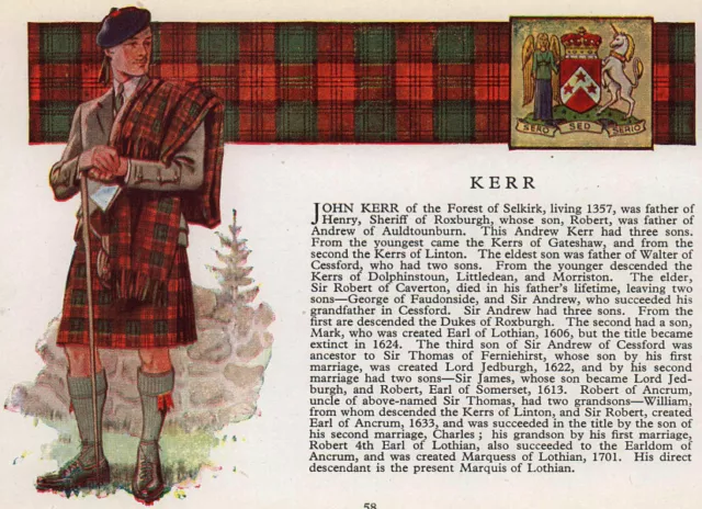 Kerr. Scotland Scottish clans tartans arms 1957 old vintage print picture