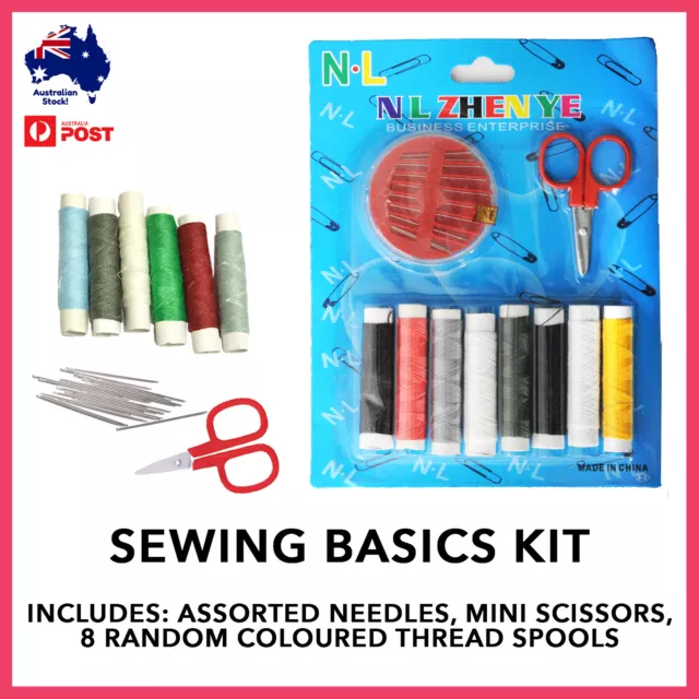 Sewing Basics Kit Assorted Needles & Thread Mini Scissors Sew Set Random Colours