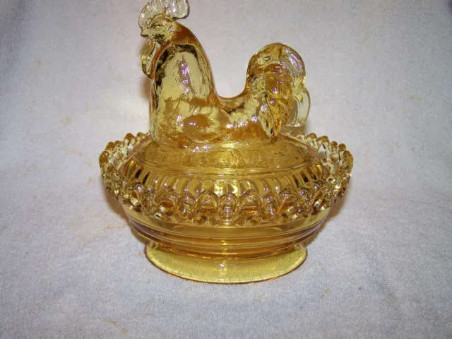 Vintage Imperial Glass Rooster in Gold/Tan on Nest Covered Dish 8"