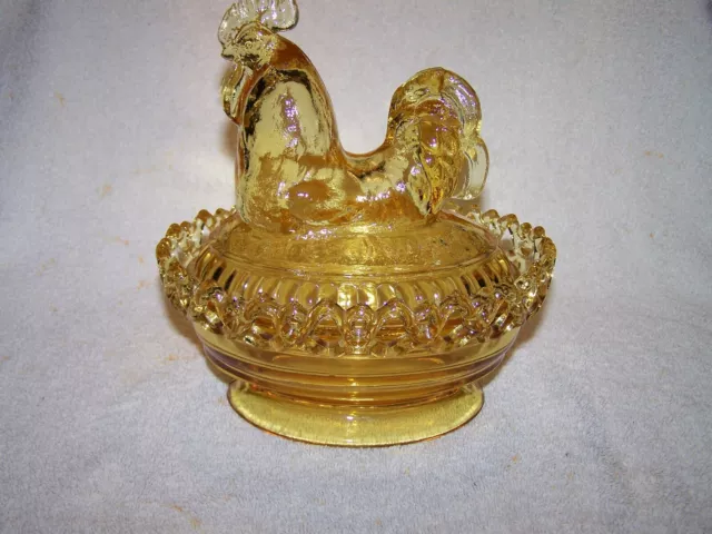 Vintage Imperial Glass Rooster in Gold/Tan on Nest Covered Dish 8" Vintage Imperial Glass Rooster in Gold/Tan on Nest Covered Dish 8"