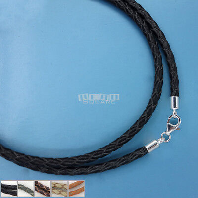Sterling Silver 3mm Braided Genuine Leather Cord Necklace/Bracelet Lobster Clasp