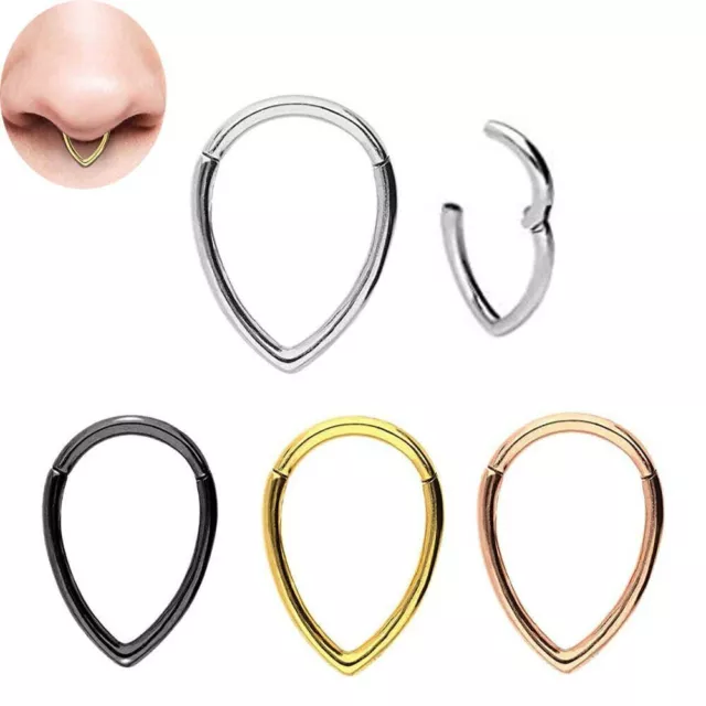 16G 5/16 Teardrop Triangle V Septum Hinged Clicker Steel Gold Nose Seamless Hoop