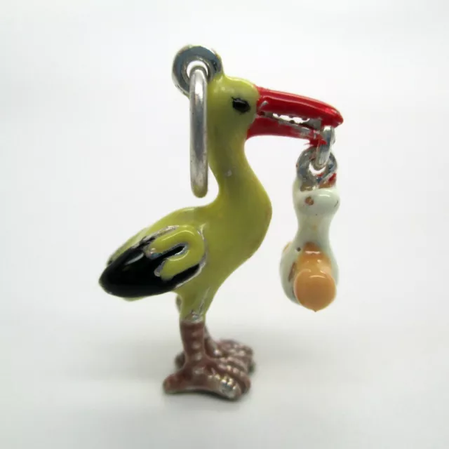 Sterling Silver STORK WITH BABY Charm for Bracelet PENDANT Hand-enameled CUTE! 3