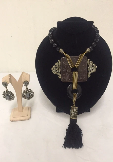 Heidi Daus Asian Style Black Onyx Crystal Tassel Pendant Necklace w/Earrings