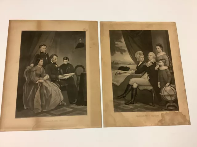 Antique Engravings Washington & Family, Pres. Lincoln & Family Ca. 1865