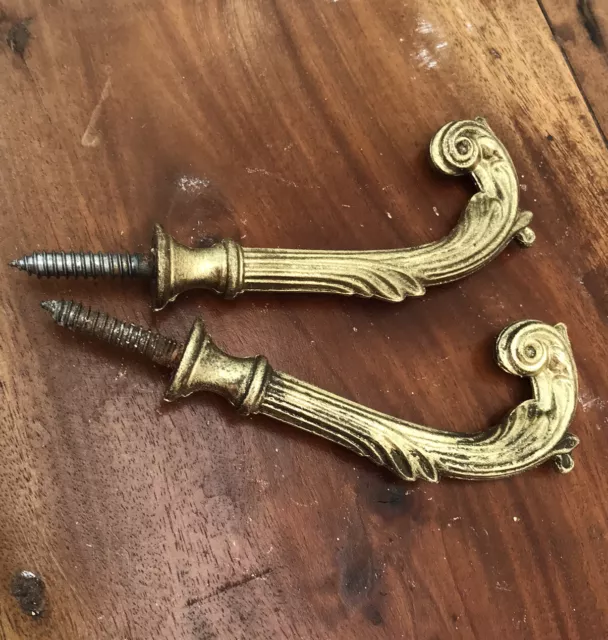 2 French wall hooks Antique Brass Curtain Tie Back pair Victorian Gold pair fern