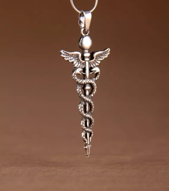 Hermesstab Caduceus Äskulap Merkurstab Anhänger Symbol Amulett Silber 925  5cm