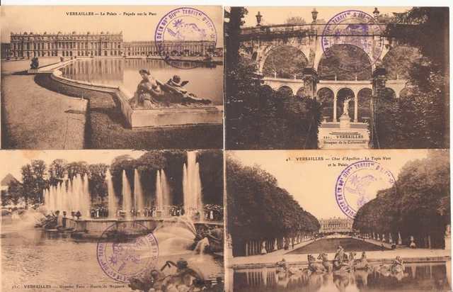 Lot de 4 cartes postales anciennes VERSAILLES tampon ambulance 89° div territori