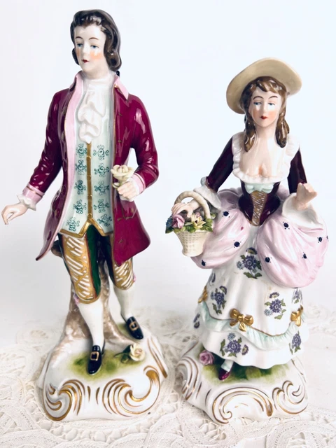 Meissen Saxe - Couple De Figurines Homme Femme En Porcelaine Polychrome Fin Xixe
