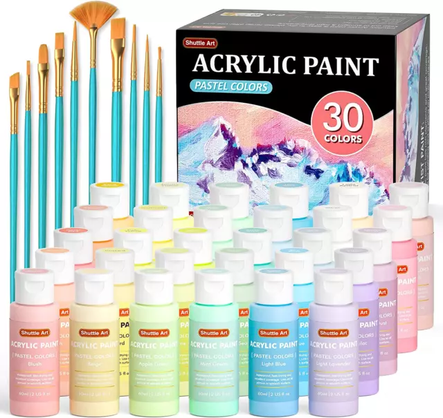 40 Pack Pastel Acrylic Paint Set,  30 Colours Acrylic Paints with 10 Paint Brush